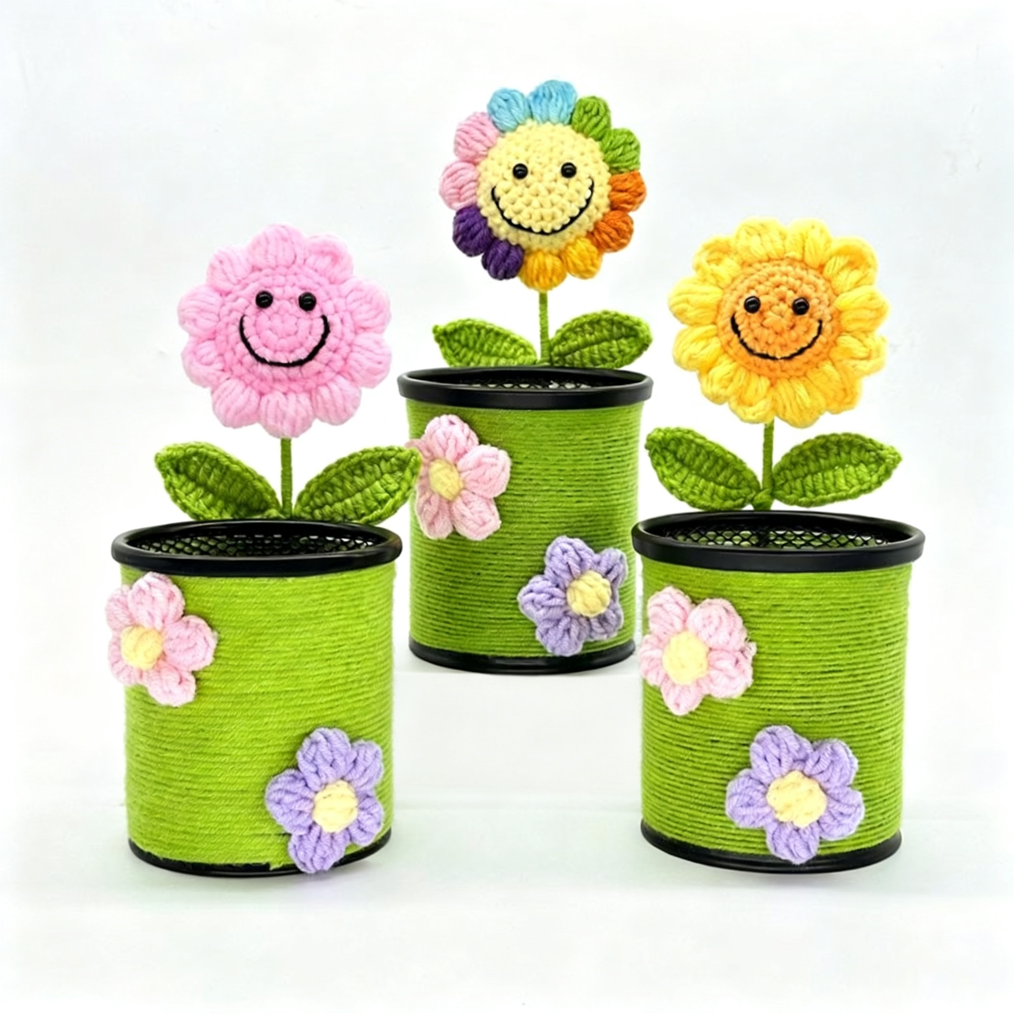 Crochet Smiling Flower Potted Plant | Handmade Knitted Fake Flower with Decorative Pot, Cute Sunflower/Colorful/Rose Desk Decor, No Maintenance Faux Plant for Home & Office