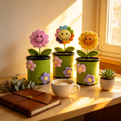 Crochet Smiling Flower Potted Plant | Handmade Knitted Fake Flower with Decorative Pot, Cute Sunflower/Colorful/Rose Desk Decor, No Maintenance Faux Plant for Home & Office