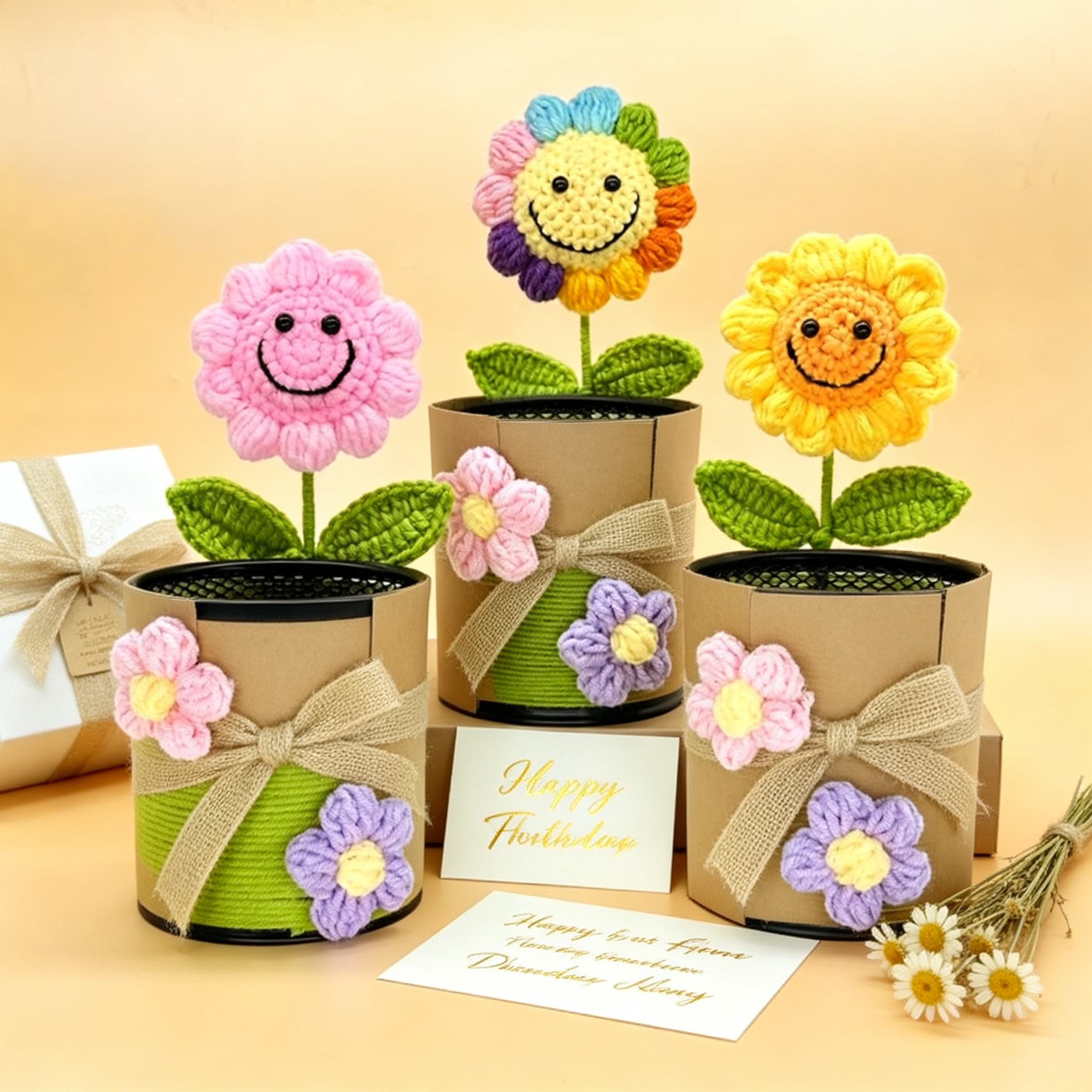 Crochet Smiling Flower Potted Plant | Handmade Knitted Fake Flower with Decorative Pot, Cute Sunflower/Colorful/Rose Desk Decor, No Maintenance Faux Plant for Home & Office