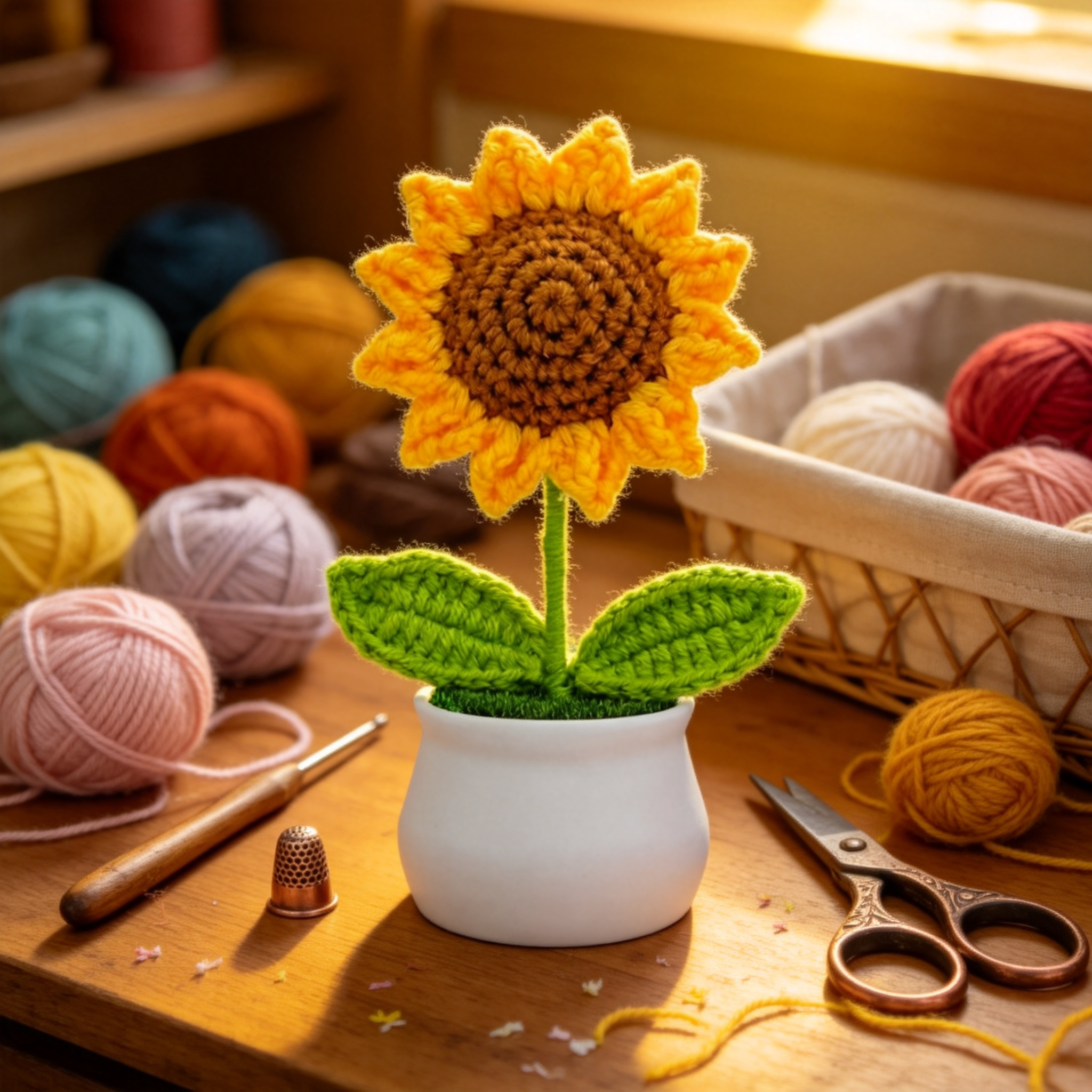 Crochet Smiling Flower Potted Plant | Handmade Knitted Fake Flower with Decorative Pot, Cute Sunflower/Colorful/Rose Desk Decor, No Maintenance Faux Plant for Home & Office